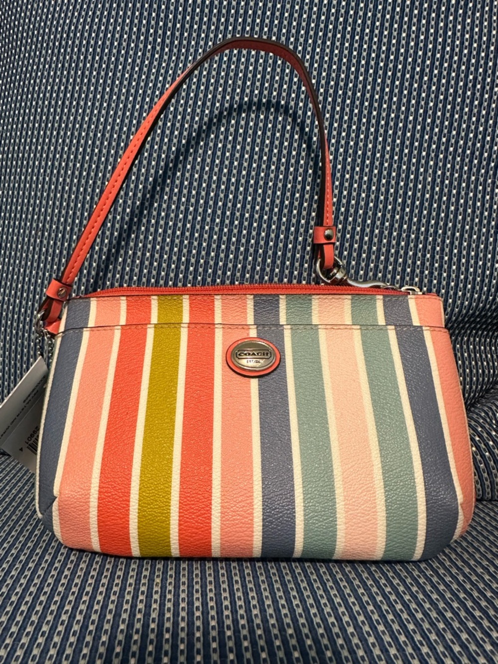 Coach Striped Leather Shoulder Bag in Coral, Pink, Blue & Green